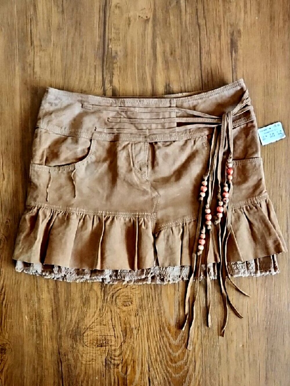 Mango Camel Suede Mini Skirt with Beaded Tassels
